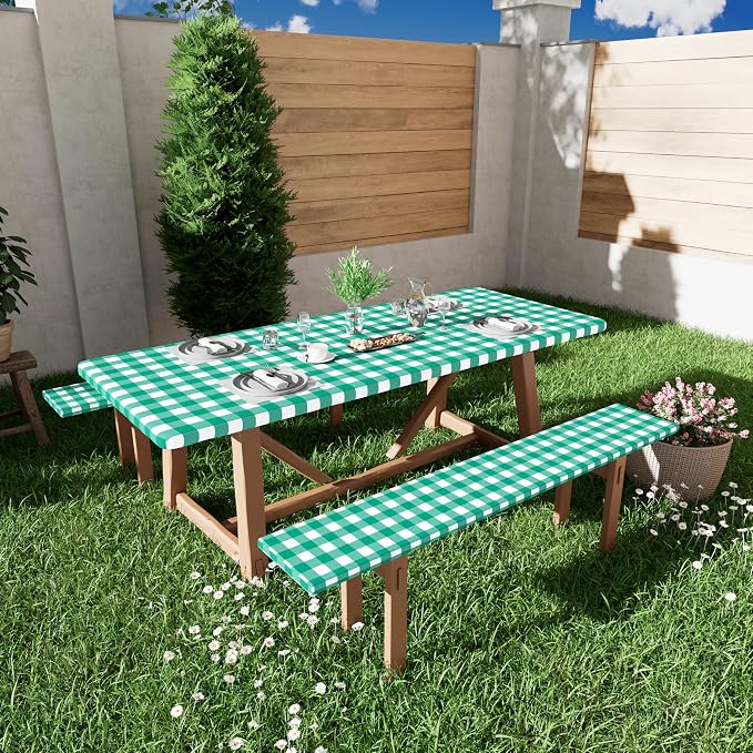 Smiry Picnic Table Cover with Bench Covers, Waterproof Elastic Fitted Tablecloths for 8 Foot Rectangle Tables, Washable Buffalo Plaid Tablecloth for Camping, Outdoor (Green & White, 30"x96")