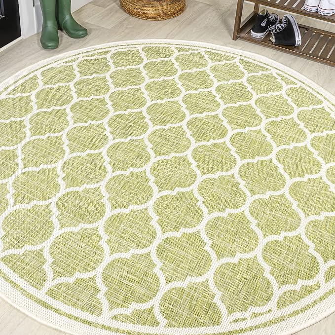 JONATHAN Y Moroccan Trellis Indoor Outdoor Round Area Rug 5 Ft Green/Cream, Trebol Textured Weave for Backyard, Patio, Porch, Easy-Cleaning, High Traffic, Pet-Friendly, Non-Shedding (SMB109G-5R)