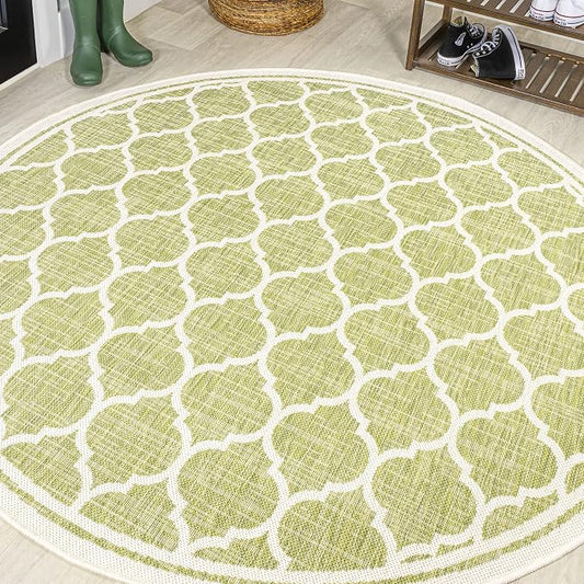 JONATHAN Y Moroccan Trellis Indoor Outdoor Round Area Rug 5 Ft Green/Cream, Trebol Textured Weave for Backyard, Patio, Porch, Easy-Cleaning, High Traffic, Pet-Friendly, Non-Shedding (SMB109G-5R)