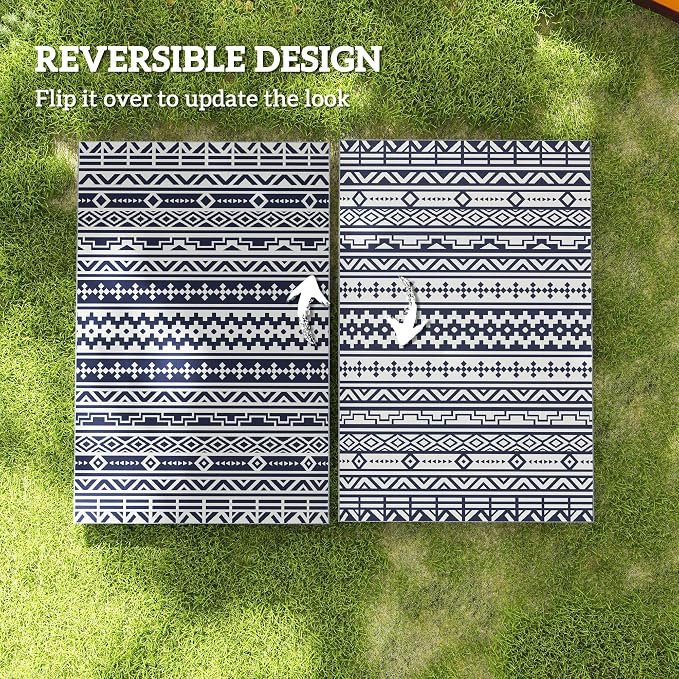 Outsunny Outdoor Rug for Patio, 6' x 9' Waterproof Large Mat, Reversible Plastic Straw Rug for Decor, Portable Outside RV Camping Area Carpet Mat for Backyard Porch Deck Picnic, Blue & White Geometric