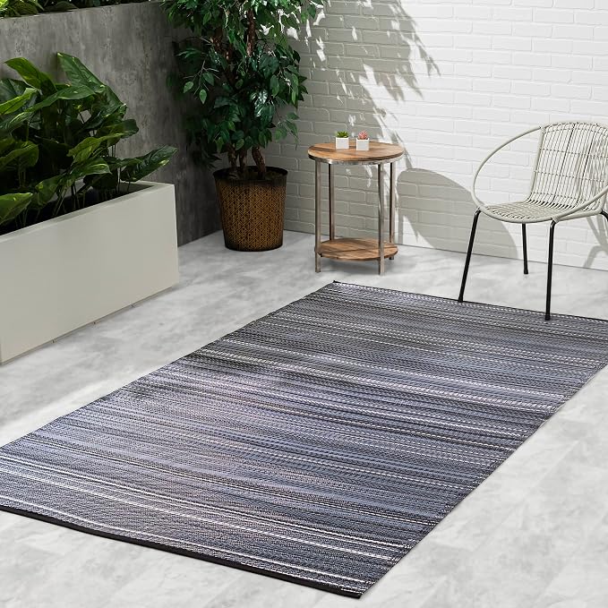 Fab Habitat Outdoor Rug - Waterproof, Fade Resistant, Crease-Free - Premium Recycled Plastic - Striped - Large Patio, Deck, Sunroom, Camping, RV - Cancun - Midnight - 6 x 9 ft