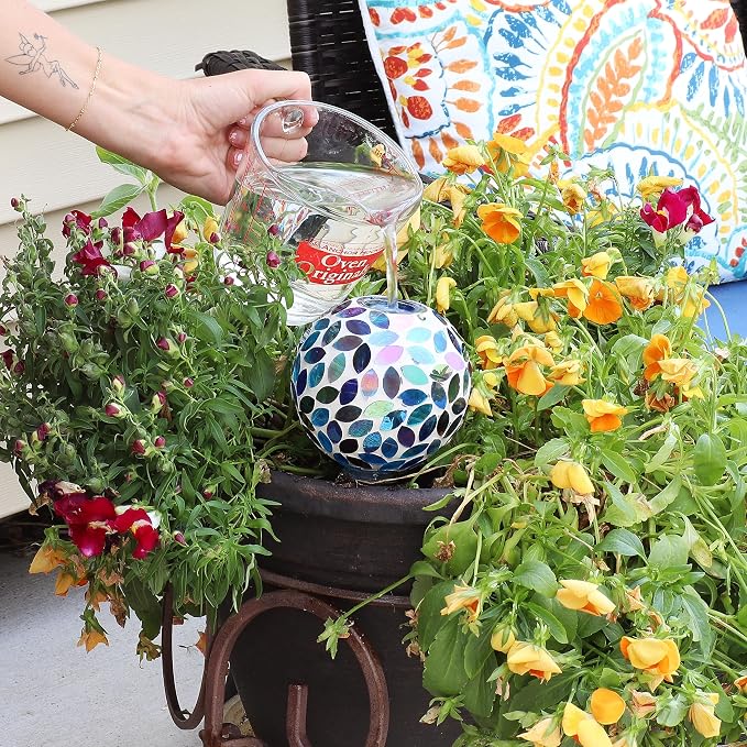 Sunnydaze Mosaic Glass Plant Watering Globe with Clay Spike - Decorative Self-Watering Planter Insert - Water Dripper for Plants - 9.5" - Spring Petals