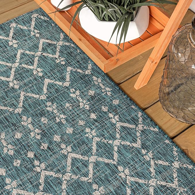 JONATHAN Y Moroccan Geometric Indoor Outdoor Round Area Rug 6 Ft Teal/Gray, Ourika Textured Weave for Backyard, Patio, Porch, Easy-Cleaning, High Traffic, Pet-Friendly, Non-Shedding (SMB108C-6R)