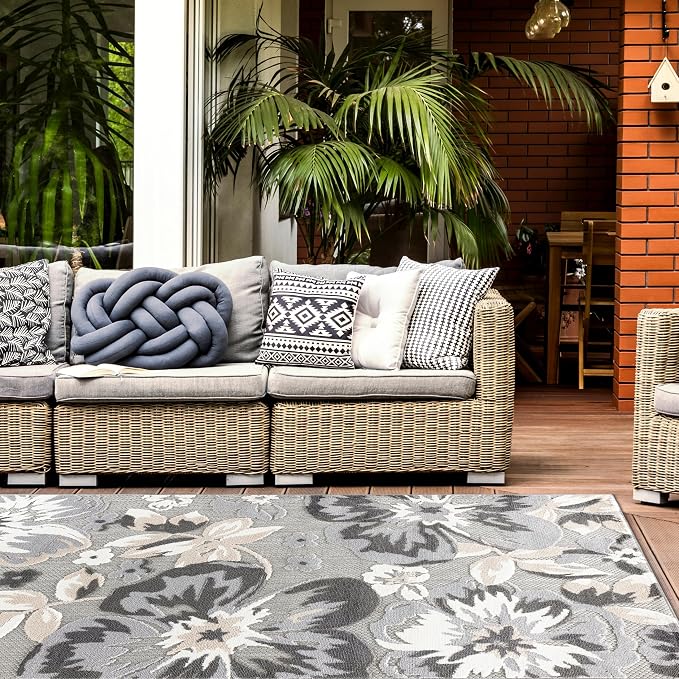 Rugshop Bergamo Contemporary Floral Non-Shedding Easy Cleaning Patio Deck Backyard Indoor/Outdoor Area Rug 12' X 15' Gray