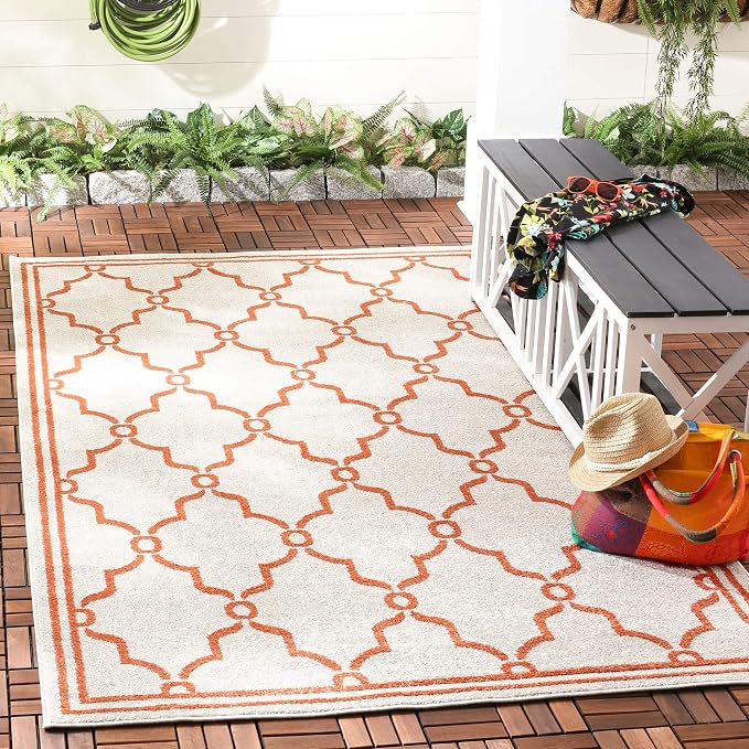 SAFAVIEH Amherst Collection Area Rug - 9' x 12', Beige & Orange, Trellis Design, Non-Shedding & Easy Care, Ideal for High Traffic Areas in Living Room, Bedroom (AMT414F)