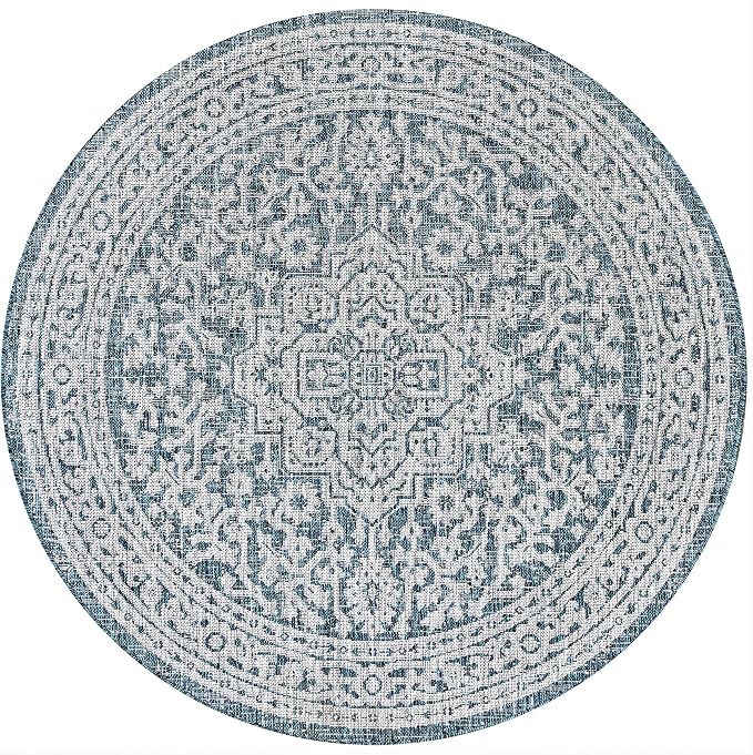 JONATHAN Y Medallion Weave Indoor Outdoor Round Area Rug 6 Ft Teal Blue/Gray, Sinjuri Textured for Backyard, Patio, Porch, Easy-Cleaning, High Traffic, Pet-Friendly, Non-Shedding (SMB101C-6R)