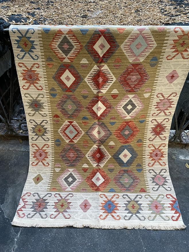 Secret Sea Collection: Modern Kilim Series Area Rug & Runner, Cotton, Reversible, Washable (2'8" x 6'7", Antique Birds)