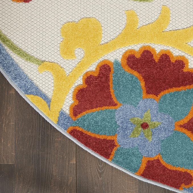 Nourison Home Aloha Ivory Multicolor 4' x Round Area Rug - Easy Clean, Non Shedding, Bed Room, Living Room, Dining Room, Kitchen (4' x Round)