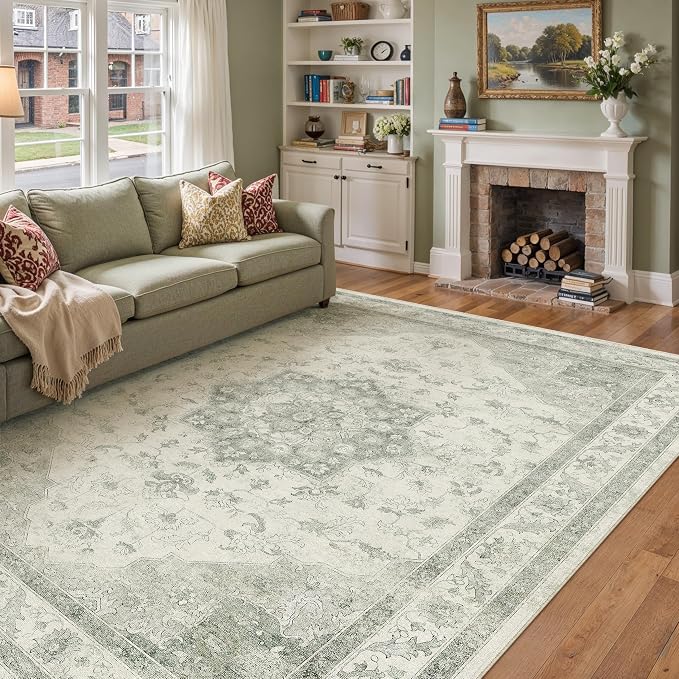 Green 6x9 Washable Area Rug Living Room Vintage Oriental Carpet | Soft Low Pile, Non Slip, Stain Resistant, Floral Medallion, Neutral Retro Decor for Bedroom, Dining Room, Kids Room, Office