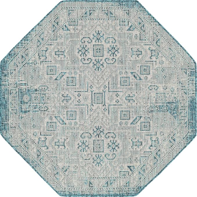Unique Loom Outdoor Aztec Collection Area Rug - Coba (5' 3" Octagon, Teal/ Ivory)