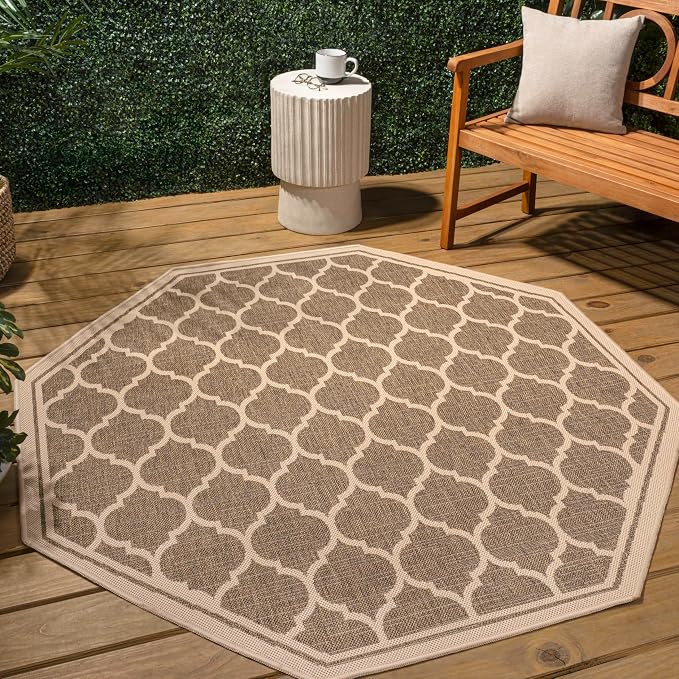 JONATHAN Y Moroccan Trellis Indoor Outdoor Octagon Area Rug 8 Ft Brown/Beige, Trebol Textured Weave for Backyard, Patio, Porch, Easy-Cleaning, High Traffic, Pet-Friendly, Non-Shedding (SMB109A-8TGN)