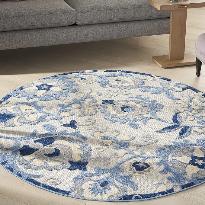Nourison Home Aloha Blue Grey 5'3" x Round Area Rug - Easy Clean, Non Shedding, Bed Room, Living Room, Dining Room, Kitchen (5' x Round)