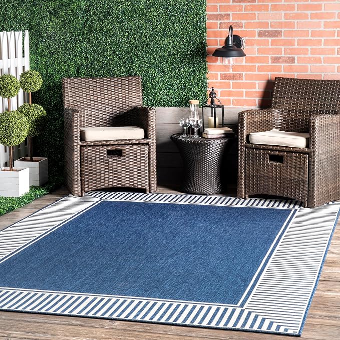 Nuloom Asha Navy/Ivory, 8' x 10', Casual, Striped Border, Soft and Cozy, High Traffic, Easy Clean, Durable Area Rug for Indoor/Outdoor Patio, Deck, Porch, Garden, Courtyard