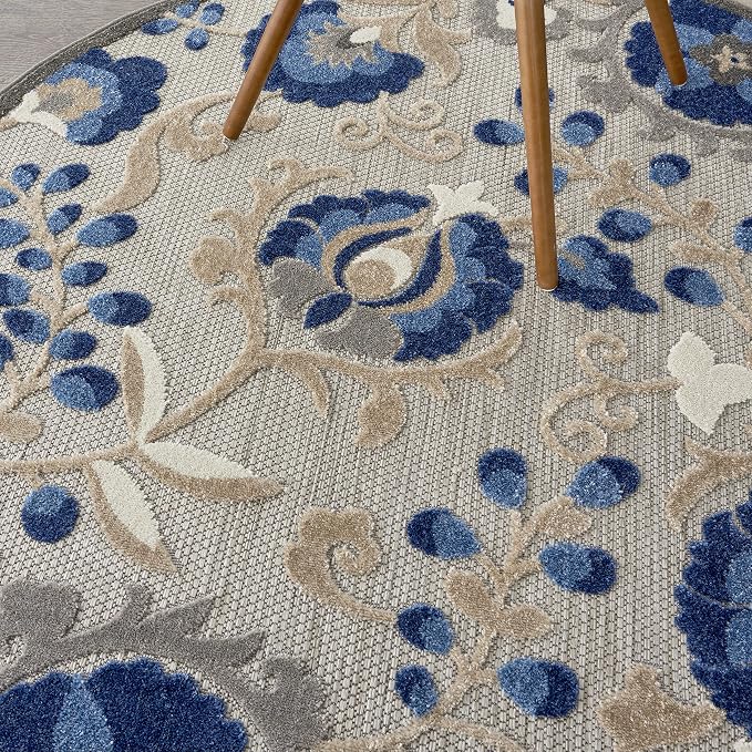 Nourison Home Aloha Natural Blue 5'3" x Round Area Rug - Easy Clean, Non Shedding, Bed Room, Living Room, Dining Room, Kitchen (5' x Round)