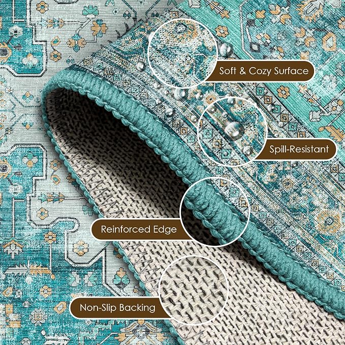Washable Area Rug 9' x 12' Vintage Traditional Persian Mat - Foldable Distressed Non-Slip Machine Washable Carpet for Living Room Bedroom Kitchen Home Decor - Teal and Gold
