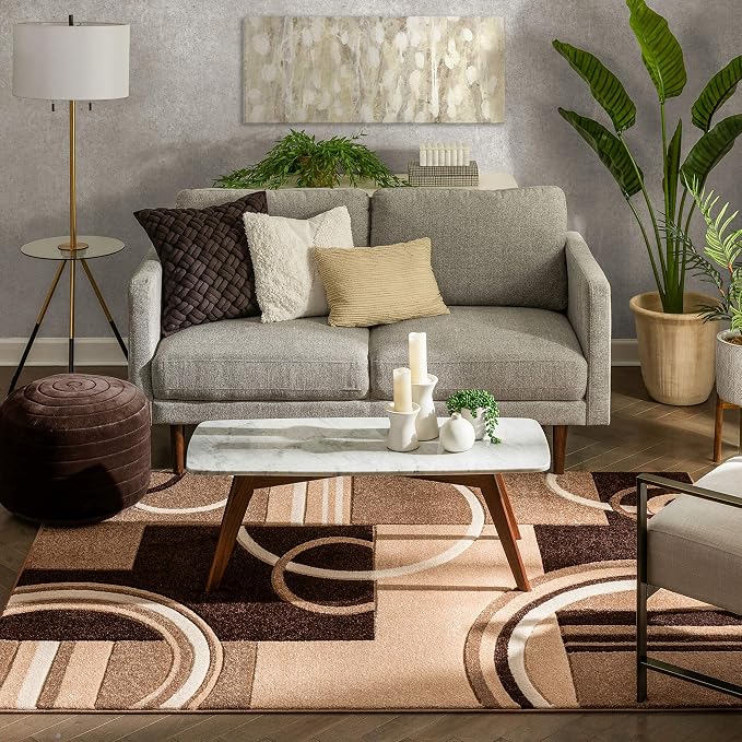 Well Woven Ruby Echo Shapes & Circles Geometric Ivory and Beige 5 by 7 Rug - Abstract Modern Thick Pile Carpet, Soft Durable Easy Care Floor Covering, Contemporary Neutral Geometric Pattern