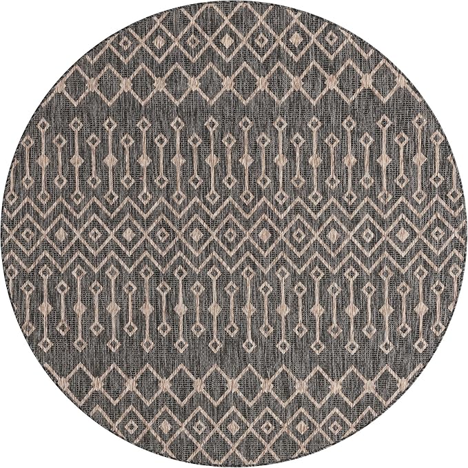 Unique Loom Outdoor Trellis Collection Area Rug - Tribal Trellis (7' 10" Round, Charcoal Gray/ Natural)