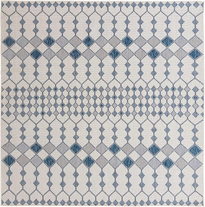 Unique Loom Outdoor Trellis Collection Area Rug - Traliccio (10' Square, Ivory/ Navy Blue)
