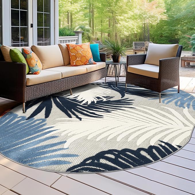 Rugshop Navy Lucca Contemporary Floral Indoor/Outdoor Oval Area Rug Durable Polypropylene, Weather Resistant, Easy to Clean Perfect for Patio, Backyard, Deck and Outdoor Lounge 5' x 7' Oval