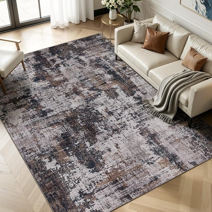 Sasttie 8x10 Washable Area Rug, Modern Abstract Large Rug, Black & Brown | Ultra-Soft Faux Wool, Machine Washable, Low Pile, Non-Slip, Lightweight, Thin, for Living Room, Bedroom, Dinning Room & Dorm