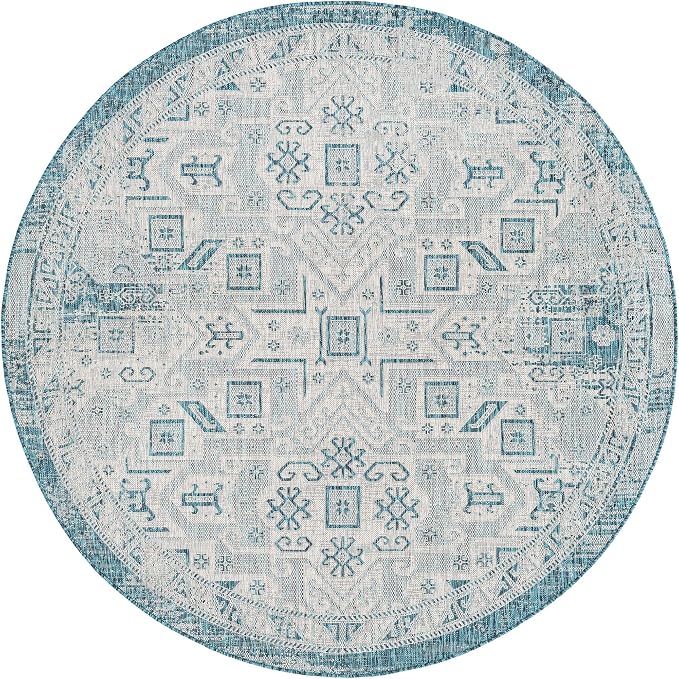 Unique Loom Outdoor Aztec Collection Area Rug - Coba (7' 10" Round, Teal/ Ivory)