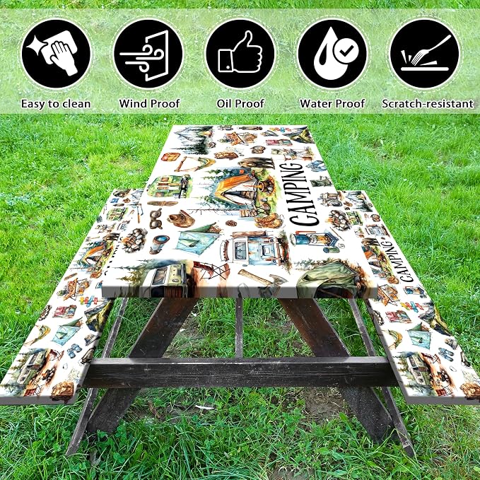 Picnic Table Cover with Bench Covers 6FT Camping Essentials Fitted Picnic Table Cloths Camping Table Cover Outdoor Elastic Picnic Tablecloth (3pcs-72")