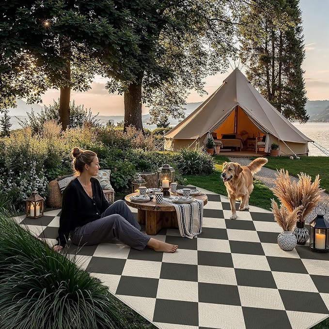 PureCozy 5x7 Checkered Chevron Pattern Area Rug for Living Room Checkerboard Washable Indoor Outdoor Carpet Farmhouse Patio Office Mat Geometric Non Slip Black Carpet for Backyard Dining Room