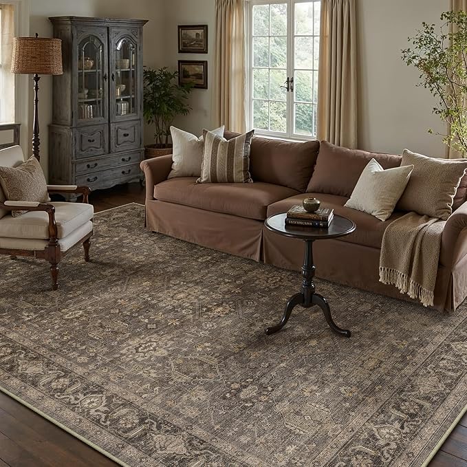 6x9 Dark Brown Vintage Area Rug | Washable, Non Slip, Soft Low Pile, Traditional Farmhouse, for Living Room Bedroom Dining Room Indoor