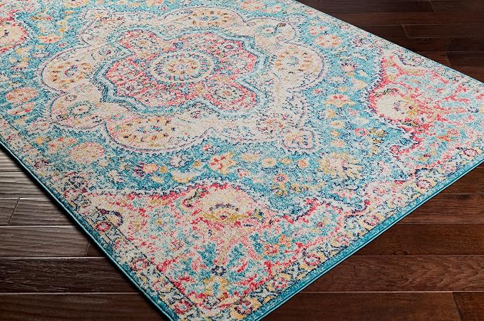 Livabliss Area Rugs - 2x3 Romaine Vintage Boho Navy Sky Blue Rose Area Rug for Living Room Bedroom - Floral Medallion Stain Resistant Carpet for Kitchen, Nursery, Office (2' x 3')