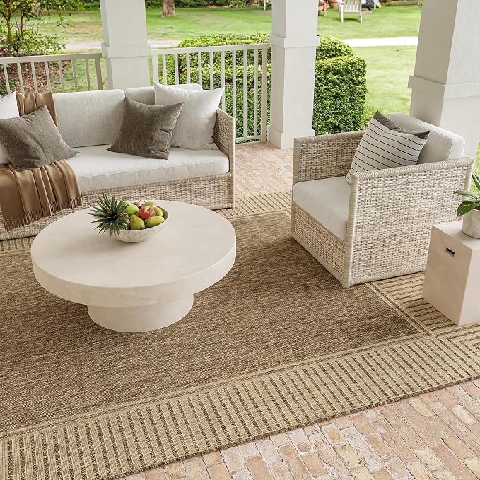 Nuloom Asha Light Brown/Ivory, 6'7" Round, Casual, Striped Border, Soft and Cozy, High Traffic, Easy Clean, Durable Area Rug for Indoor/Outdoor Patio, Deck, Porch, Garden, Courtyard