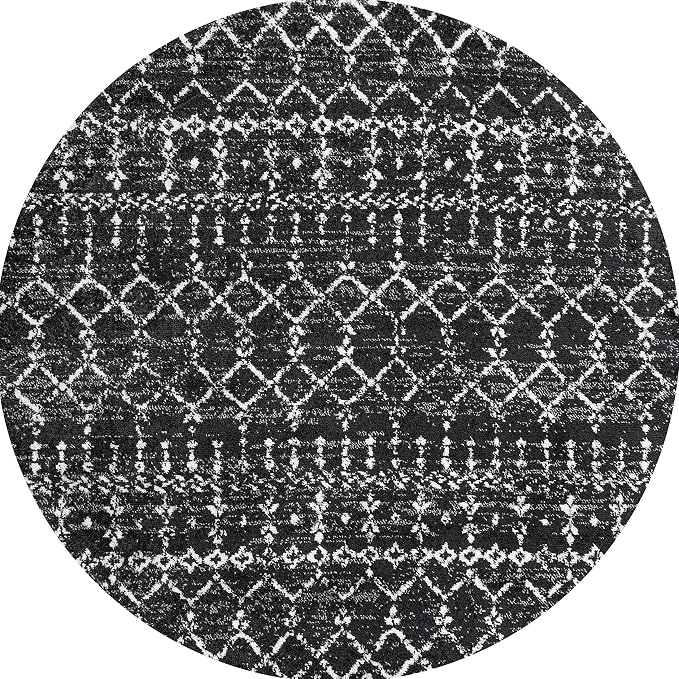 JONATHAN Y Boho Vintage Diamond Black/Ivory Round Area Rug 5 ft, Moroccan Hype for Living Room, Bedroom, Kitchen, Office, Easy-Cleaning, High Traffic, Pet-Friendly, Non-Shedding (MOH101D-5R)