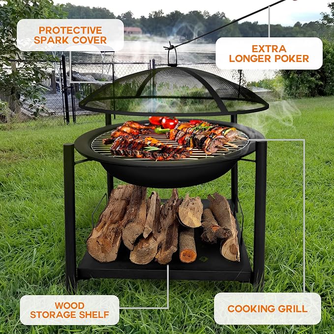 SereneLife Outdoor Wood Fire Pit - 26" Steel BBQ Grill with Mesh Spark Screen, Log Grate, Fire Poker & Cover for Camping, Picnic, Bonfire - Durable, Easy to Assemble, 2 in 1