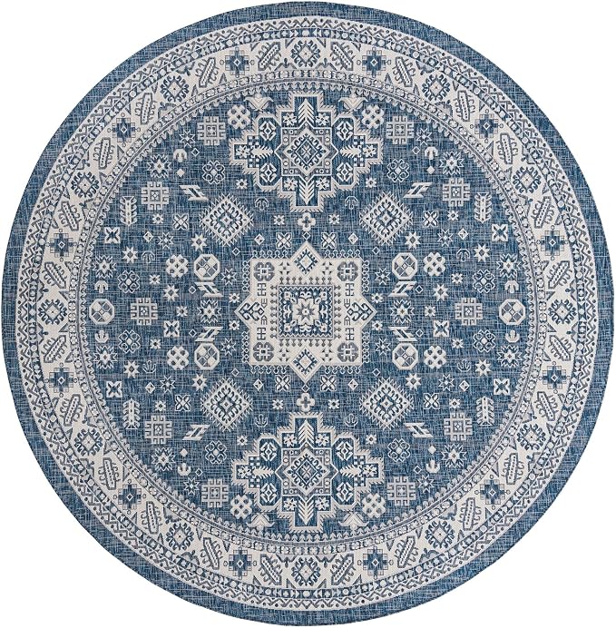 Unique Loom Outdoor Aztec Collection Area Rug - Chalca (10' Round, Blue/ Ivory)