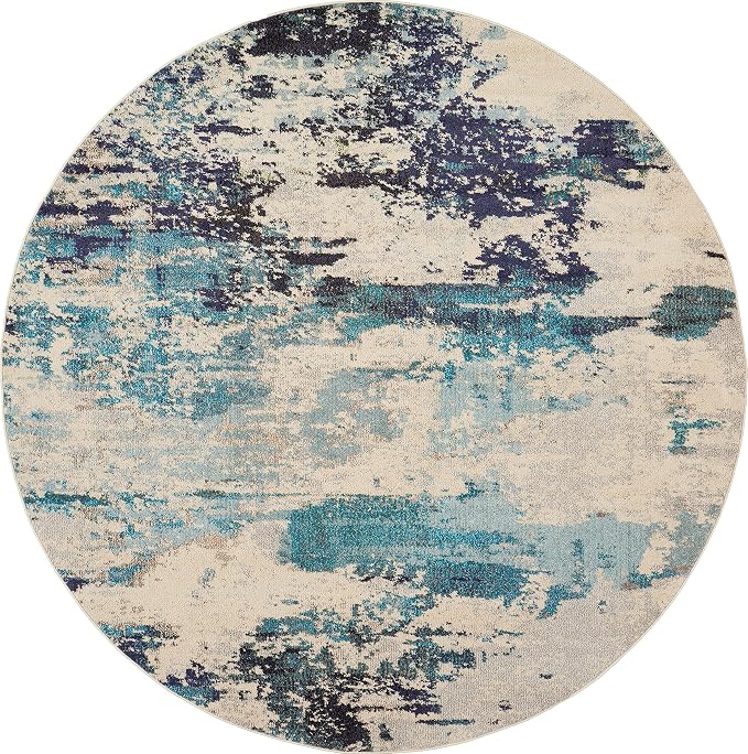 Nourison Home Celestial Ivory Teal Blue 7’10” x Round Area Rug - Easy Clean, Non Shedding, Bed Room, Living Room, Dining Room, Kitchen (8' x Round)