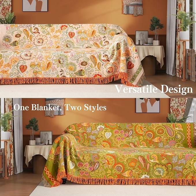 Phuryllic Boho Throw Blanket Full Size, Extra Large Soft Cozy Cotton Muslin Quilt Blanket for Bed Decor, Floral Patterned Couch Sofa Chair Cover, Vintage Farmhouse Cottage Woven Blanket, Coral&Green