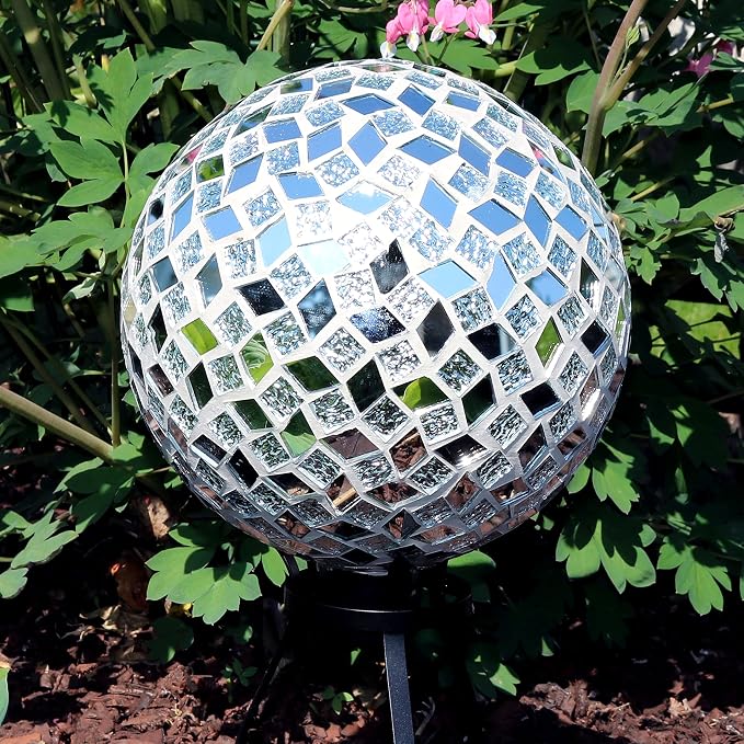 Sunnydaze 10" Mosaic Glass Gazing Ball for Garden, Globe for Outdoor Decor | Mirrored Diamond, 2 pk, Decorative Sphere Fits Most Stands, Garden Ball for Outside, Flower Bed, Backyard, or Indoor Display