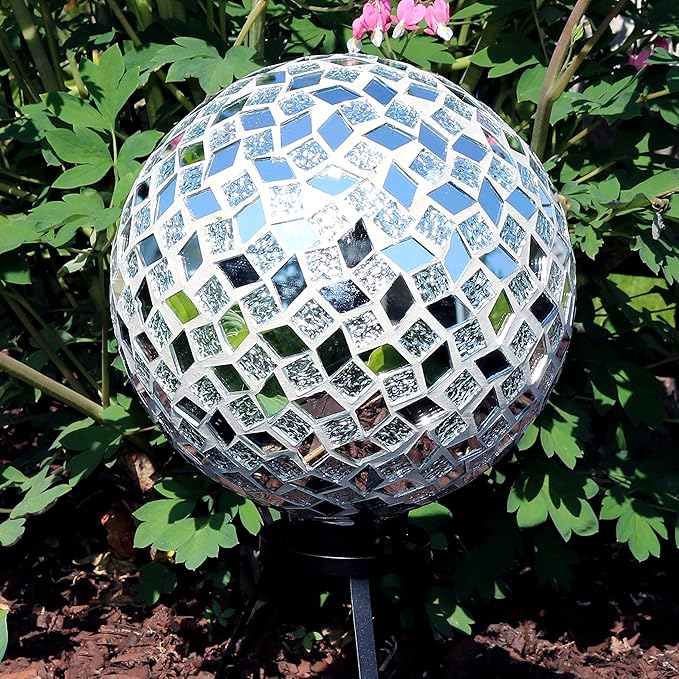 Sunnydaze 10" Mosaic Glass Gazing Ball for Garden, Globe for Outdoor Decor | Mirrored Diamond, Decorative Sphere Fits Most Stands, Garden Ball for Outside, Flower Bed, Backyard, or Indoor Display