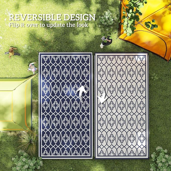 Outsunny Outdoor Rug for Patio, 9' x 18' Waterproof Large Mat, Reversible Plastic Straw Rug for Decor, Portable Outside RV Camping Area Carpet Mat for Backyard Porch Deck Picnic, Blue & White Lantern