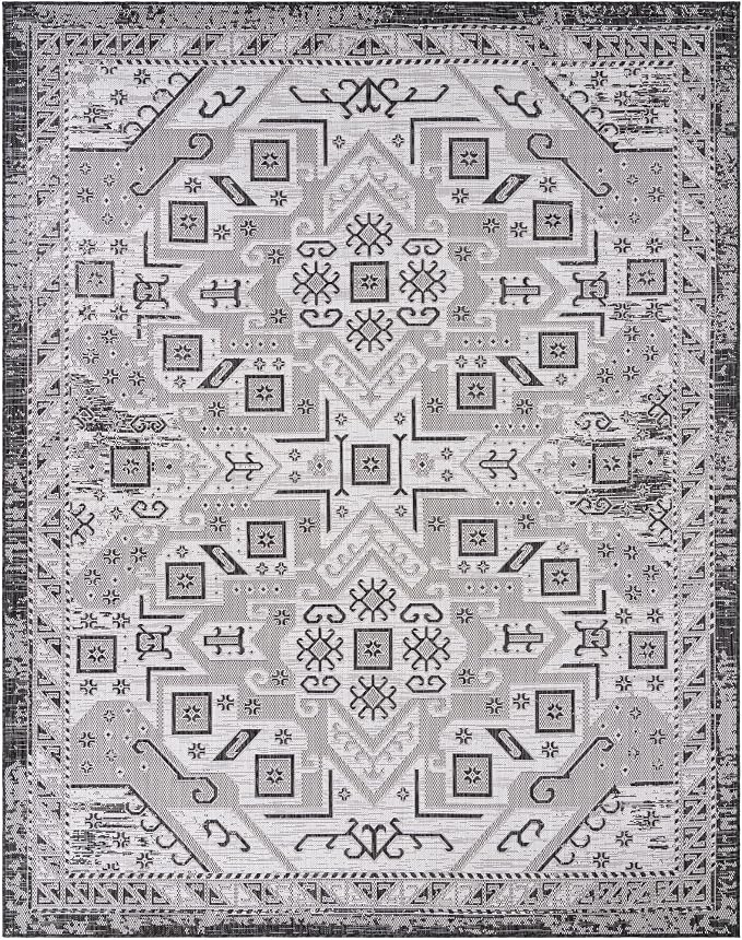 Unique Loom Outdoor Aztec Collection Area Rug - Coba (7' 10" x 10' Rectangle Charcoal Gray/Ivory)