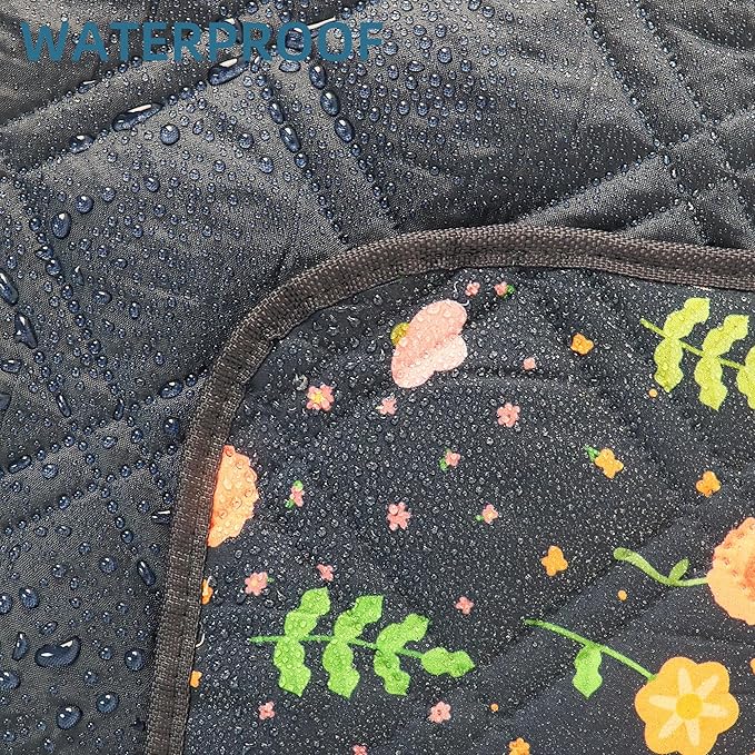 60x80” Double Thickened Picnic Blankets(150g High Density Cotton Stuffed) Navy Blue Floral Pattern Outdoor Picnic Mat Portable Picnic Blanket Foldable with Leather Carry Strap Beach Blanket
