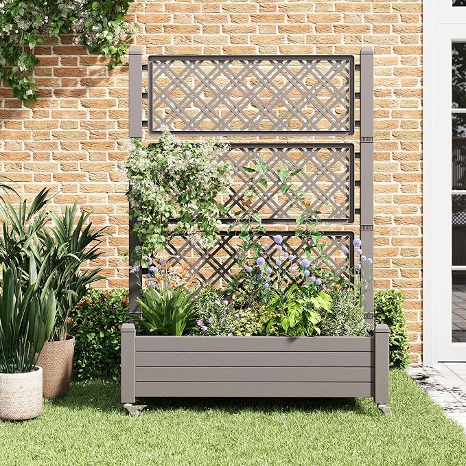 Resin Raised Garden Bed with Trellis and Wheels - Plasitc Planter Box with Trellis Outdoor with Drainage Holes & Water Monitor for Climbing Plants, Flower, Gray(61.2" H)