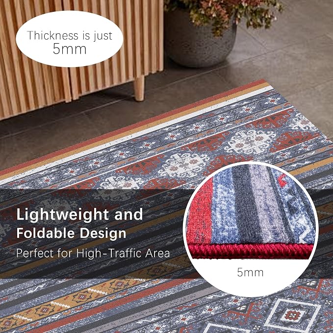 Washable Area Rugs 4' x 6' - 1/6 Thick - Moroccan-Inspired -Stain & Water Resistant Non-Slip - Resistant Rug for Living Room, Bedroom, Nursery, Pet & Child Friendly (Blue and Red)