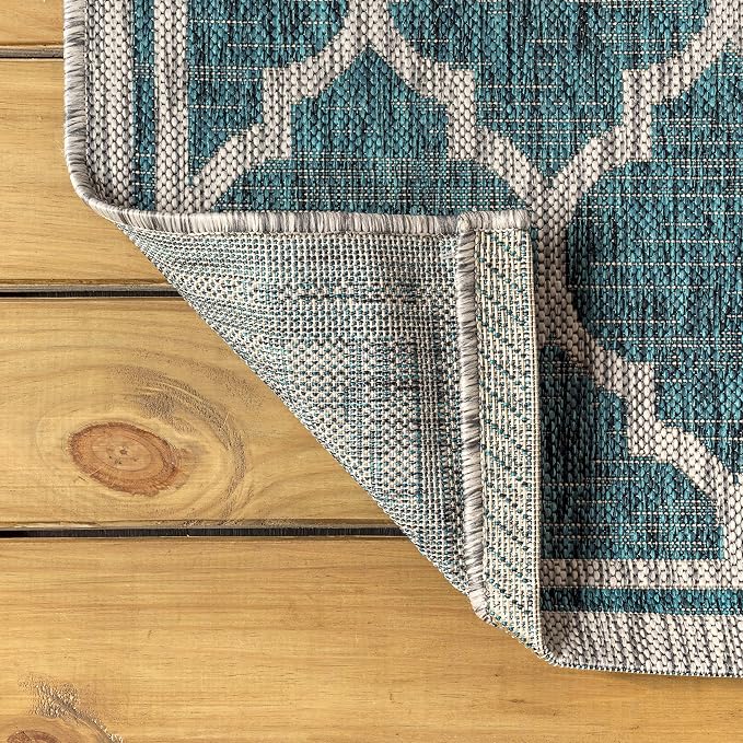 JONATHAN Y Moroccan Trellis Indoor Outdoor Square Area Rug 8X8 Teal/Gray, Trebol Textured Weave for Backyard, Patio, Porch, Easy-Cleaning, High Traffic, Pet-Friendly, Non-Shedding (SMB109E-8SQ)