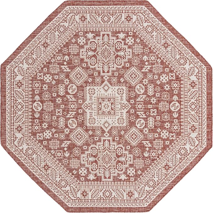 Unique Loom Outdoor Aztec Collection Area Rug - Chalca (7' 10" Octagon, Rust Red/ Ivory)