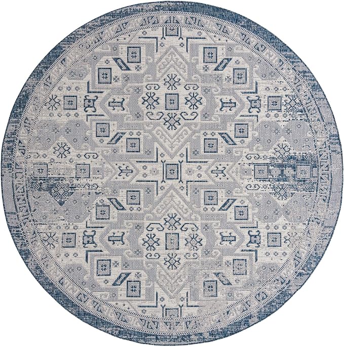 Unique Loom Outdoor Aztec Collection Area Rug - Coba (10' Round, Blue/ Ivory)