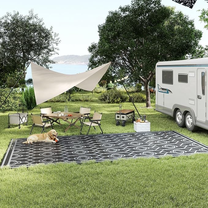 Outsunny Outdoor Rug for Patio, 9' x 18' Waterproof Large Mat, Reversible Plastic Straw Rug for Decor, Portable Outside RV Camping Area Carpet Mat for Backyard Porch Deck Picnic, Black & Gray Lantern