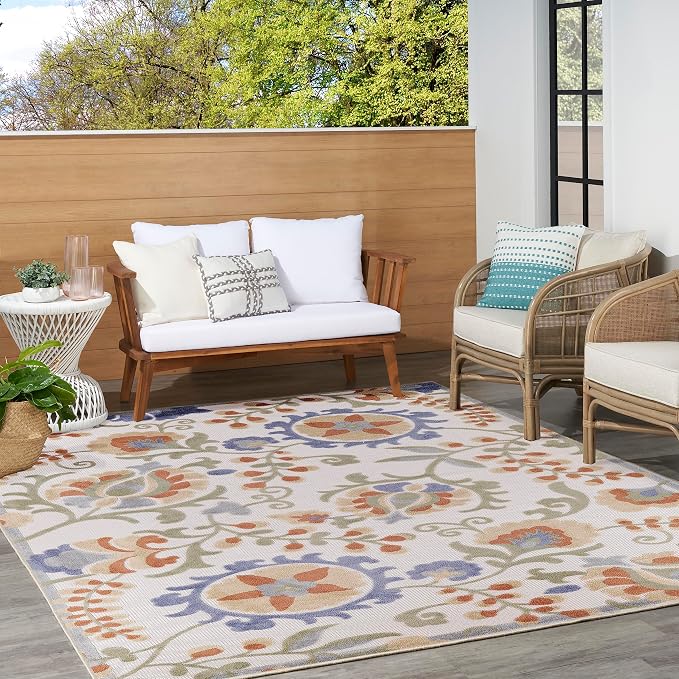Nourison Home Aloha Ivory Blue 9' x 12' Area Rug - Easy Clean, Non Shedding, Bed Room, Living Room, Dining Room, Kitchen (9' x 12')