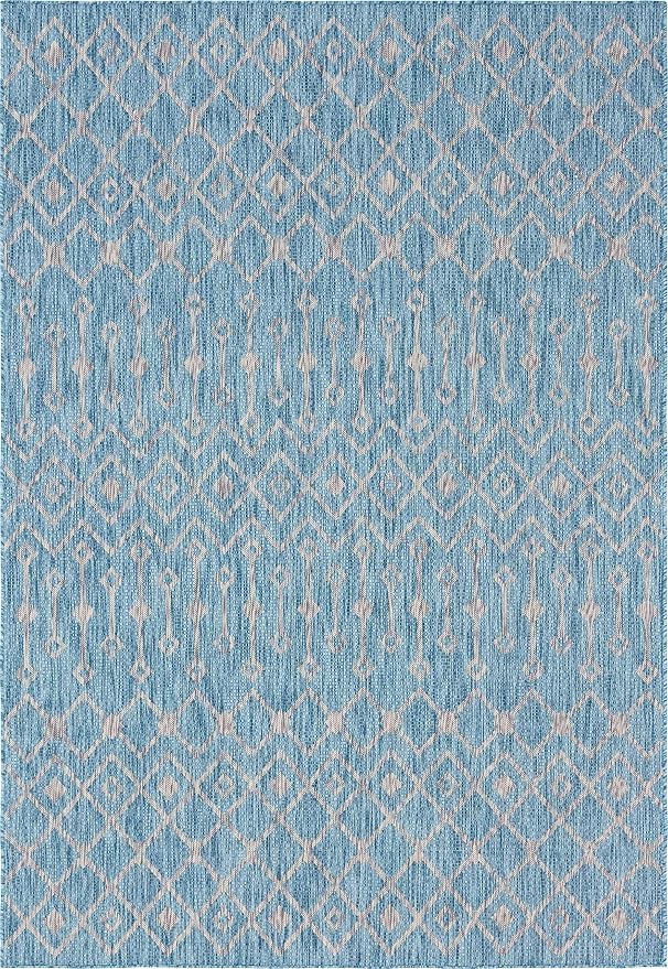 Unique Loom Outdoor Trellis Collection Area Rug - Tribal Trellis (7' 1" x 10' Rectangle, Aqua/ Ivory)