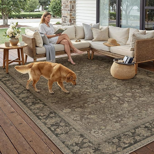 HUGEAR 6x9 Indoor/Outdoor Rug Brown Linen-Look Fabric Vintage Area Rug High Traffic Stain Resistant Easy Clean Durable Rugs for Living Kitchen Patio Deck Balcony Porch Garden Courtyard
