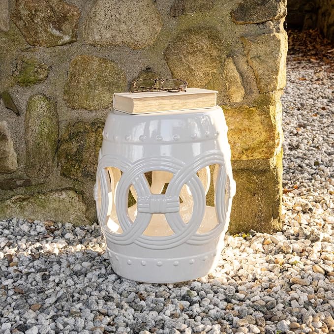 JONATHAN Y Lucky Coins 16" Ceramic Garden Stool, Contemporary White Cutout Interlocking Rings Drum Indoor/Outdoor Side Table and Plant Stand for Patio, Garden, Living Room TBL1022A